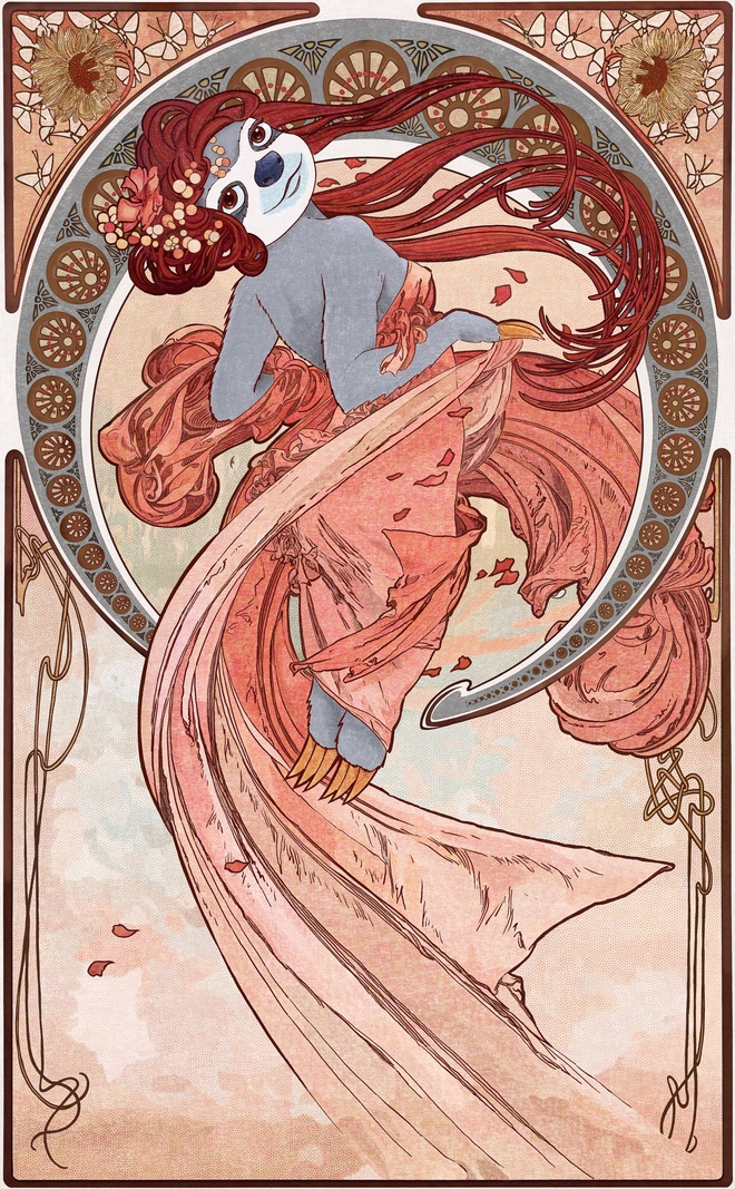 Digitally painted reproduction of The Arts: Dance by Alphonse Mucha, except it's a sloth.