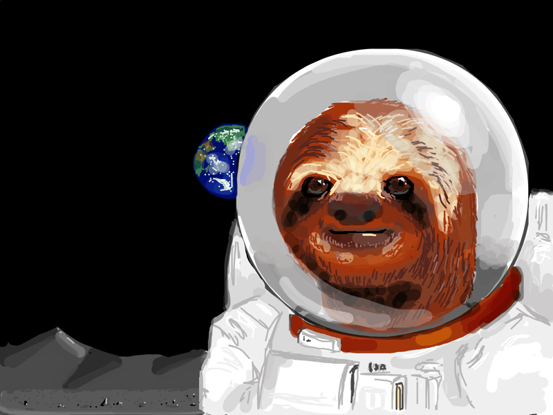 Astronaut sloth on the Moon, with Earth visible in the background