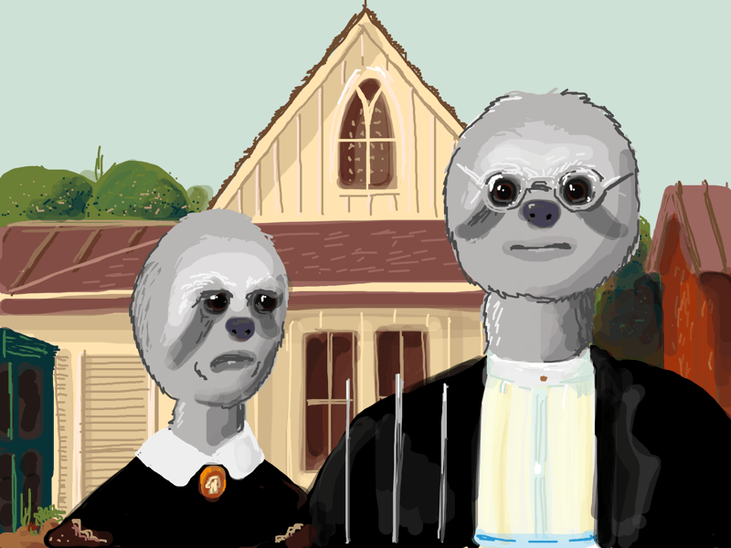 Reproduction of the American Gothic, except they are sloths