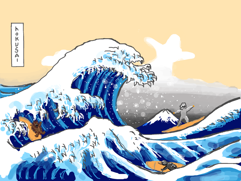 Slothy, EchidnaQ, and the baby slochidna surfing on the Great Wave off Kanagawa, after the Hokusai print