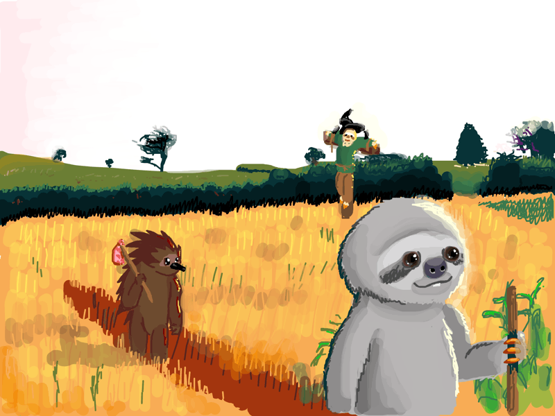 Slothy and EchidnaQ walking through the same field as Sam and Frodo in the movie when Sam was one step away from being the farthest he had ever been from home. The scarecrow is obviously a sloth, too.