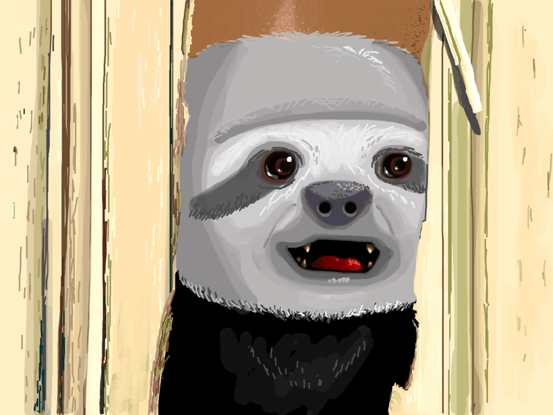 Slothy doing the 'Heeere's Johnny!' bit from the Shining