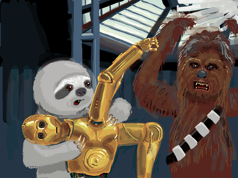 Slothy has made a complete mess of trying to repair C-3PO after he has been destroyed in the Empire Strikes Back. One arm has been inserted into the neck socket, while the head is in an arm socket, and the other arm socket has a leg sticking out of it. Chewbacca is furious.