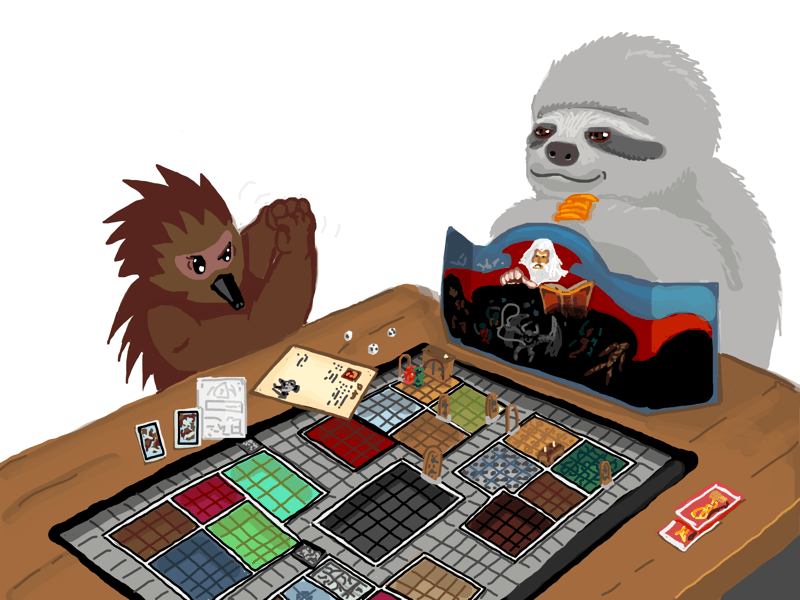 Slothy and EchidnaQ playing the old HeroQuest boardgame