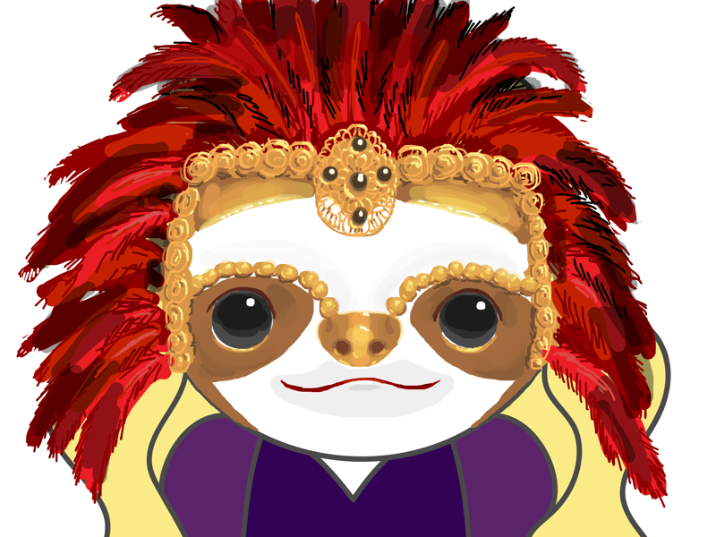 Fancy sloth mask with red feather hairdress