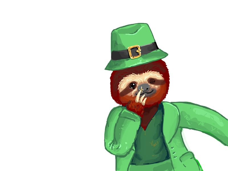 A reddish brown sloth dressed up as a leprechaun, touching its nose, where a gold glitter can be seen.