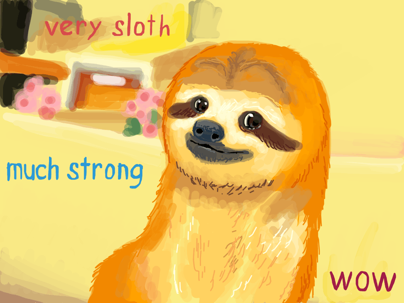 Reproduction of the old doge meme image, except it's a sloth. very sloth, much strong, wow