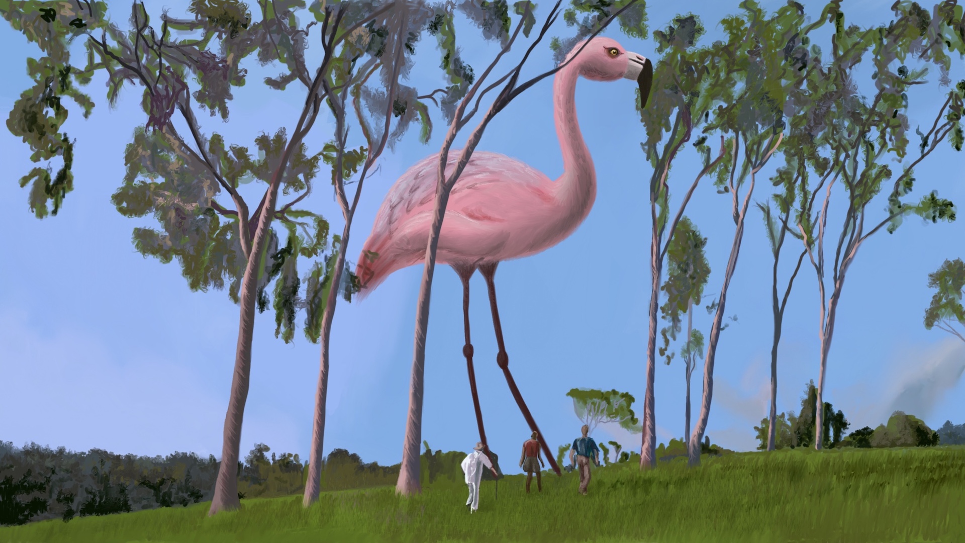 Digitally painted reproduction of of a frame from Jurassic Park, with a giant flamingo instead of the brachiosaurus.