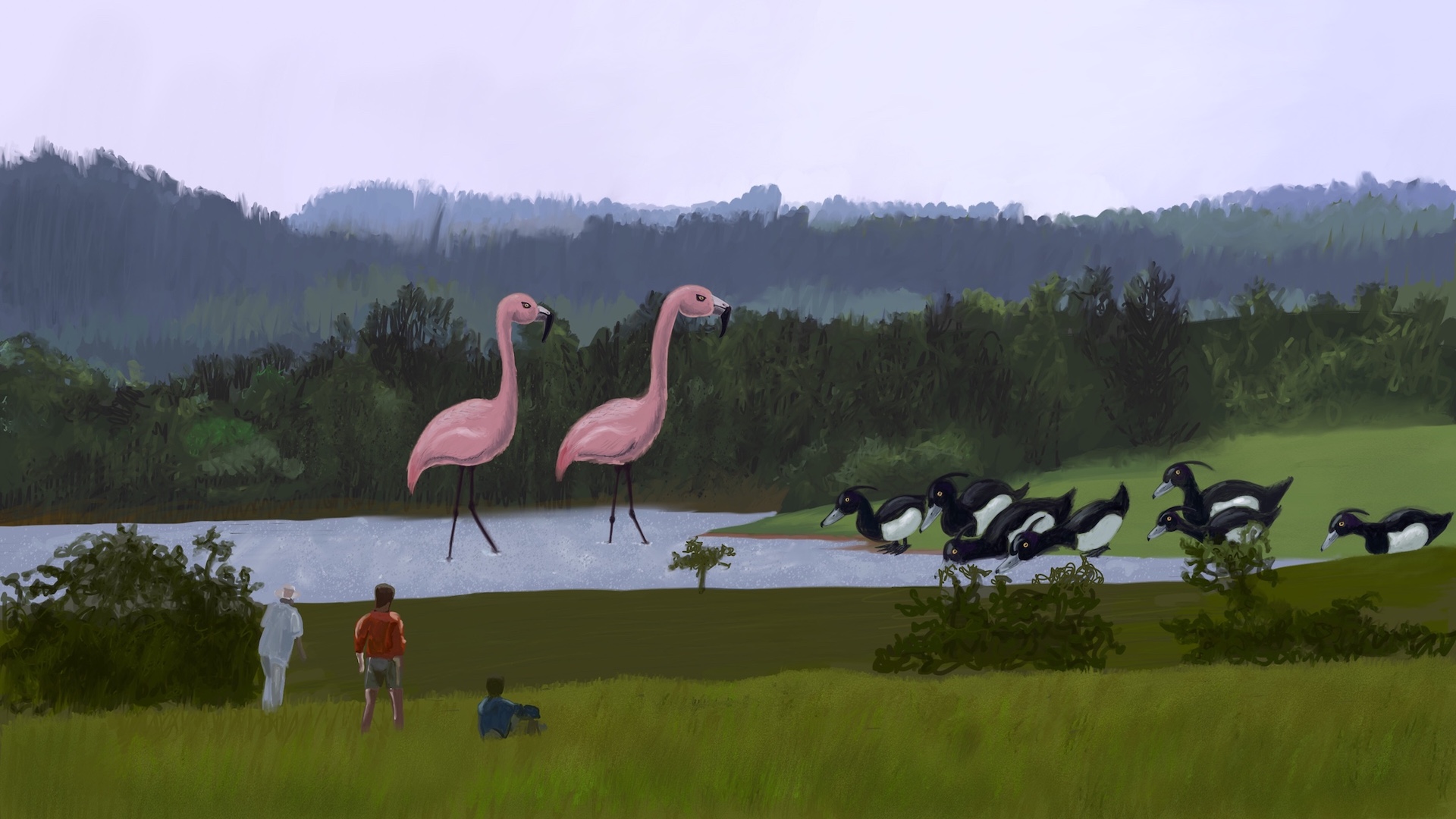 Digitally painted reproduction of of a frame from Jurassic Park, but with giant flamingoes and tufted ducks instead of dinosaurs.