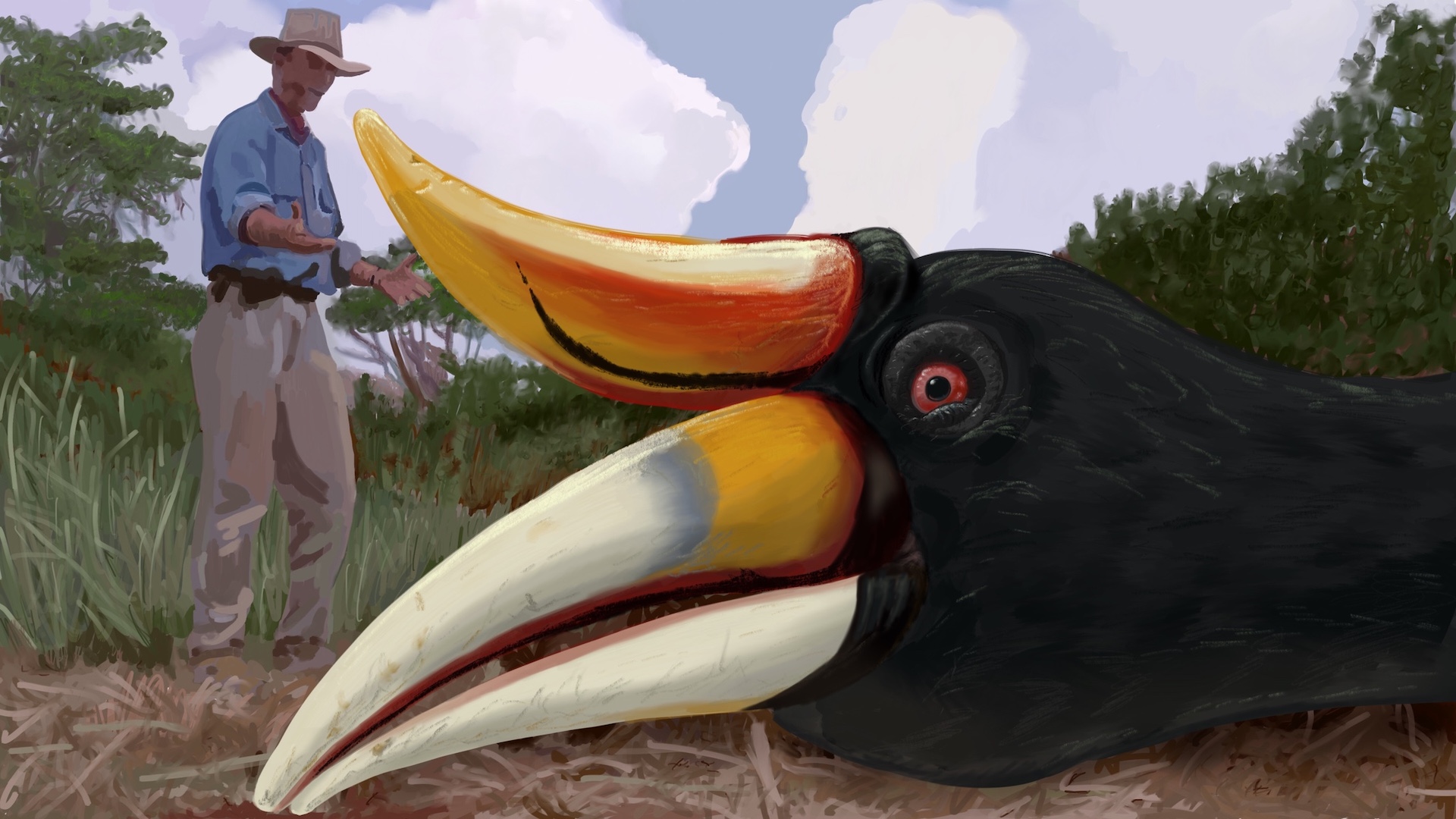 Digitally painted reproduction of of a frame from Jurassic Park, but with a rhinoceros hornbill instead of a triceratops.