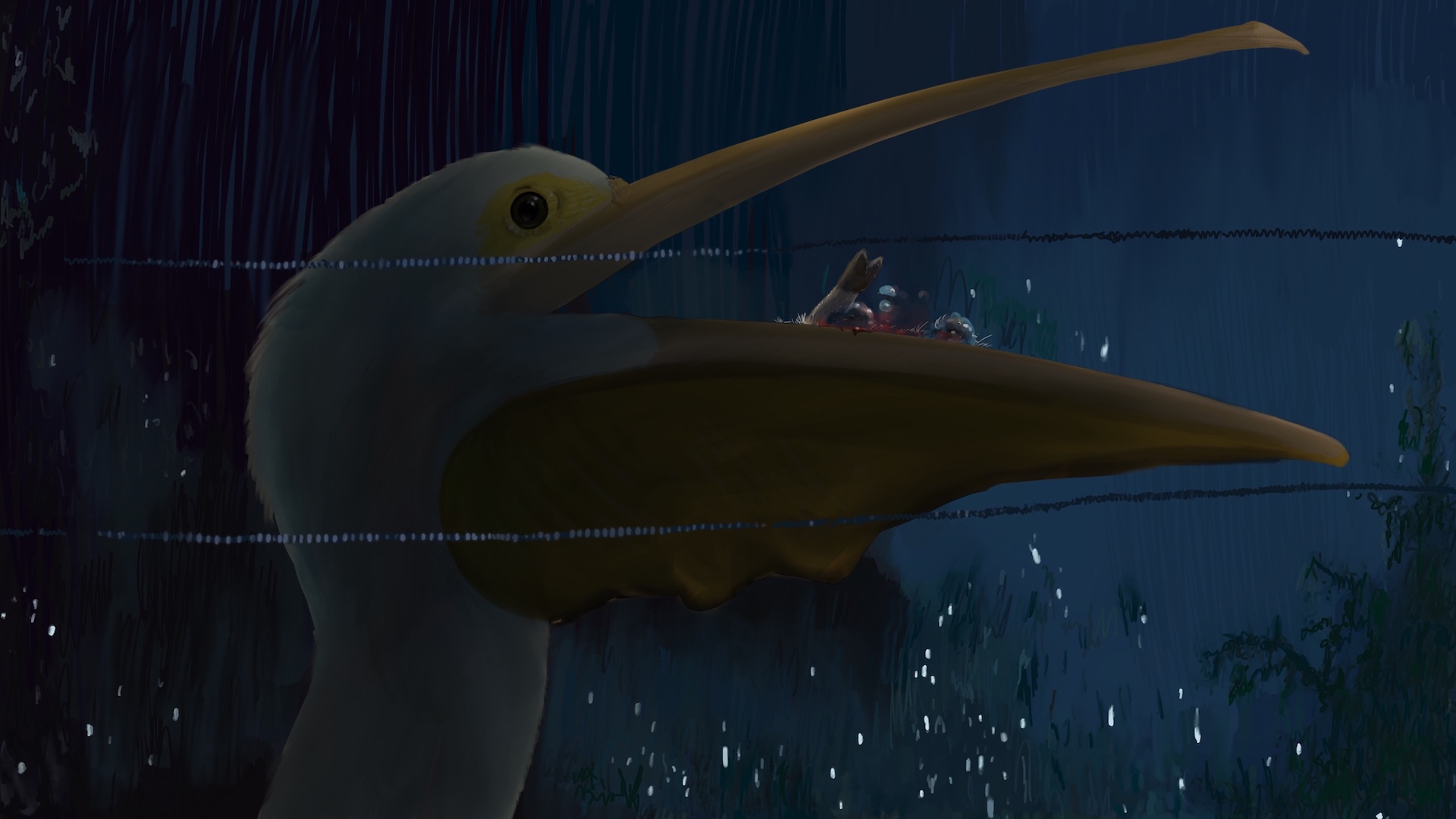 Digitally painted reproduction of of a frame from Jurassic Park, but instead of the T-Rex eating the goat, it's a giant pelican.'