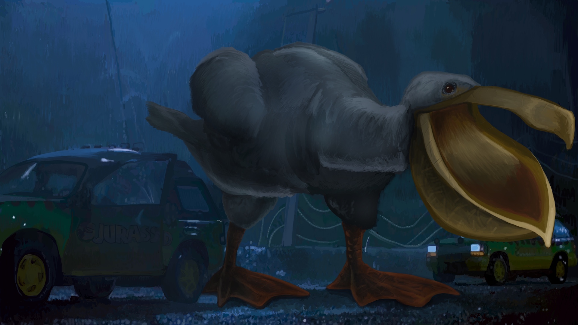 Digitally painted reproduction of of a frame from Jurassic Park, except instead of a T-Rex breaking out of the pen, it's a giant pelican.'