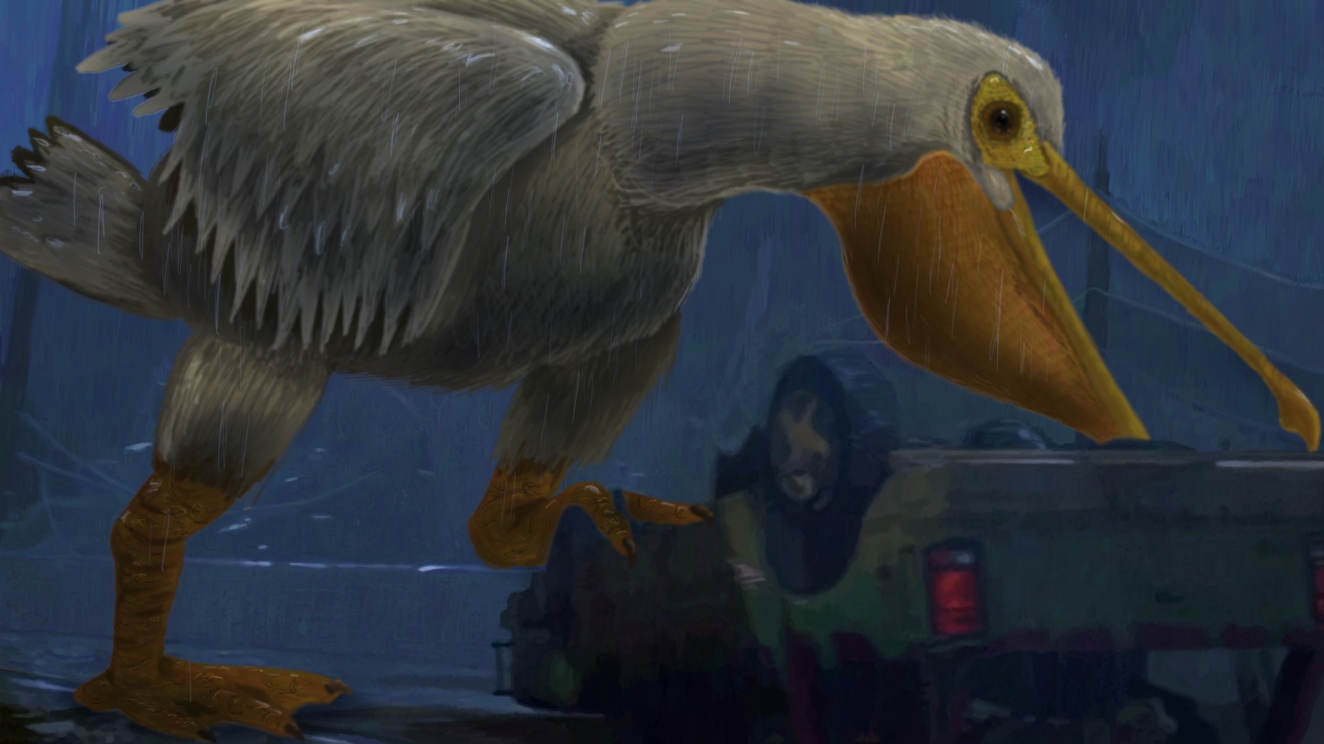 Digitally painted reproduction of of a frame from Jurassic Park, except instead of a T-Rex trying to eat the tour car, it's a giant pelican.'