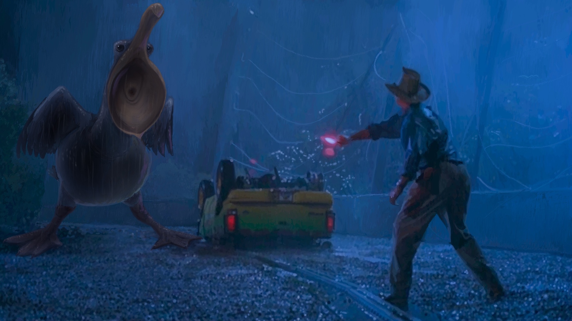 Digitally painted reproduction of of a frame from Jurassic Park, but instead of waving the emergency torch at a rampaging T-Rex, Alan is waving it at a giant pelican.