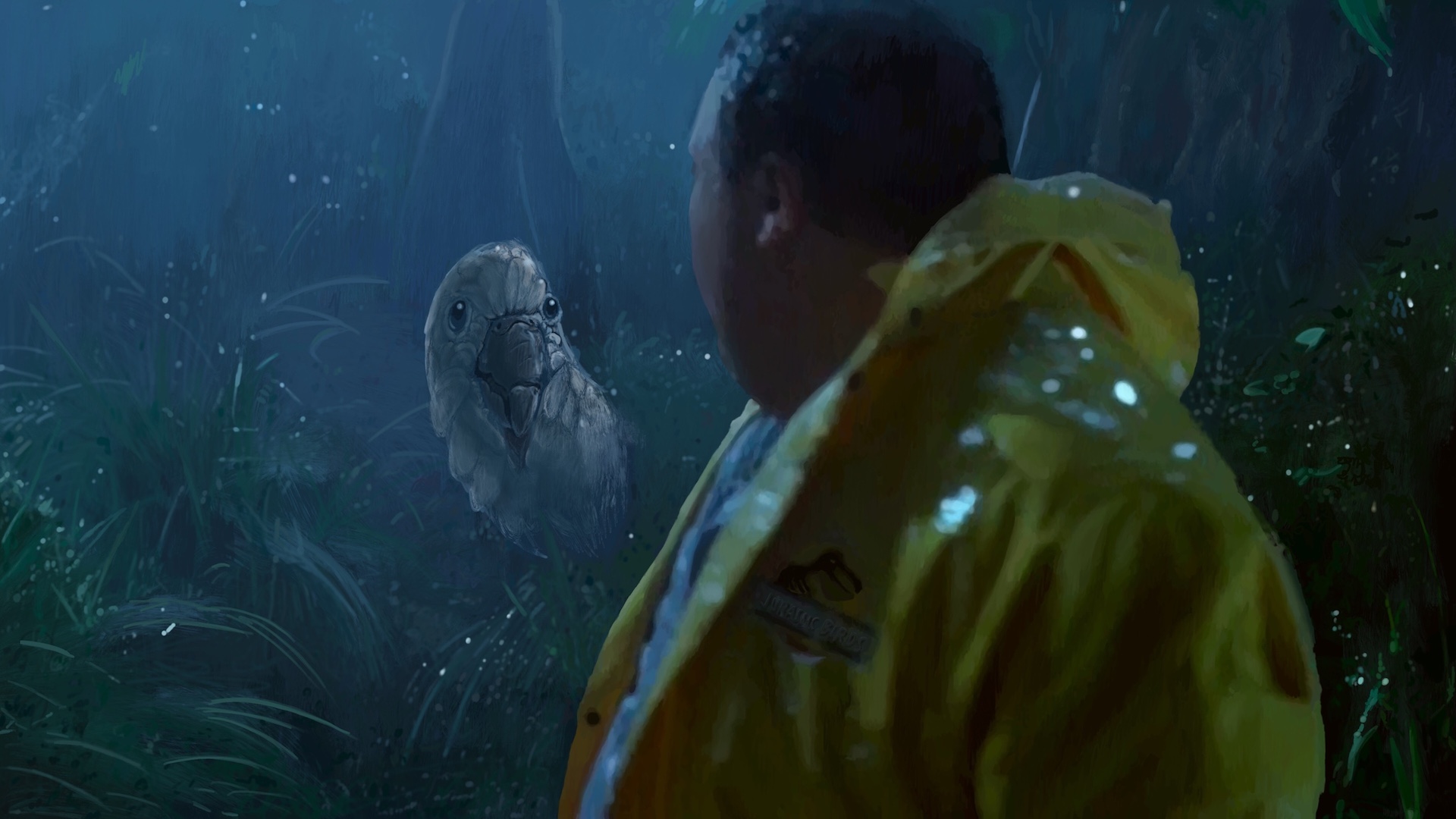 Digitally painted reproduction of of a frame from Jurassic Park, but instead of a dilophosaurus peeking out of the bushes, it's a giant cockatoo.'