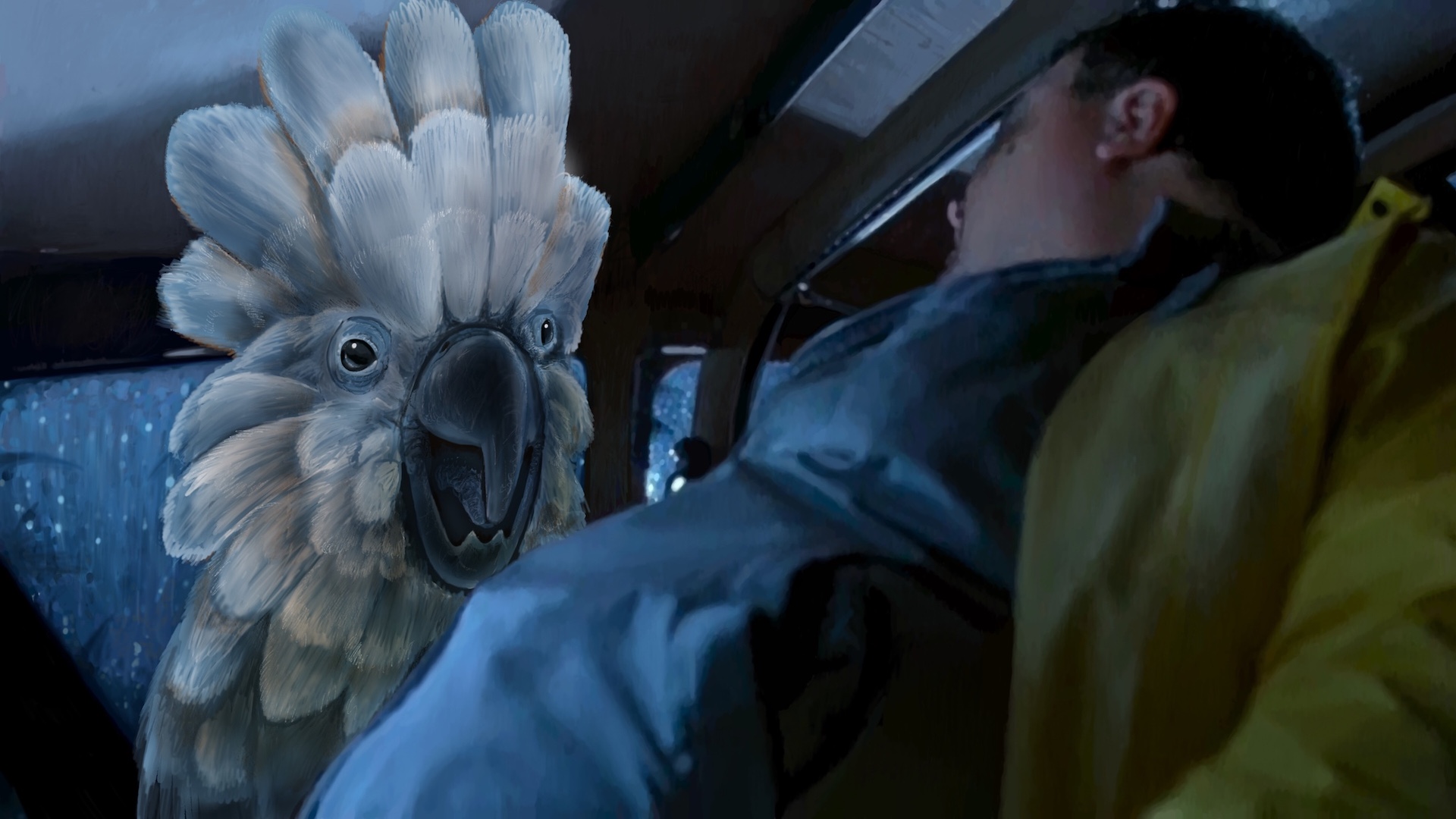 Digitally painted reproduction of of a frame from Jurassic Park, but instead of a dilophosaurus attacking Nedry, it's an angry giant cockatoo.'