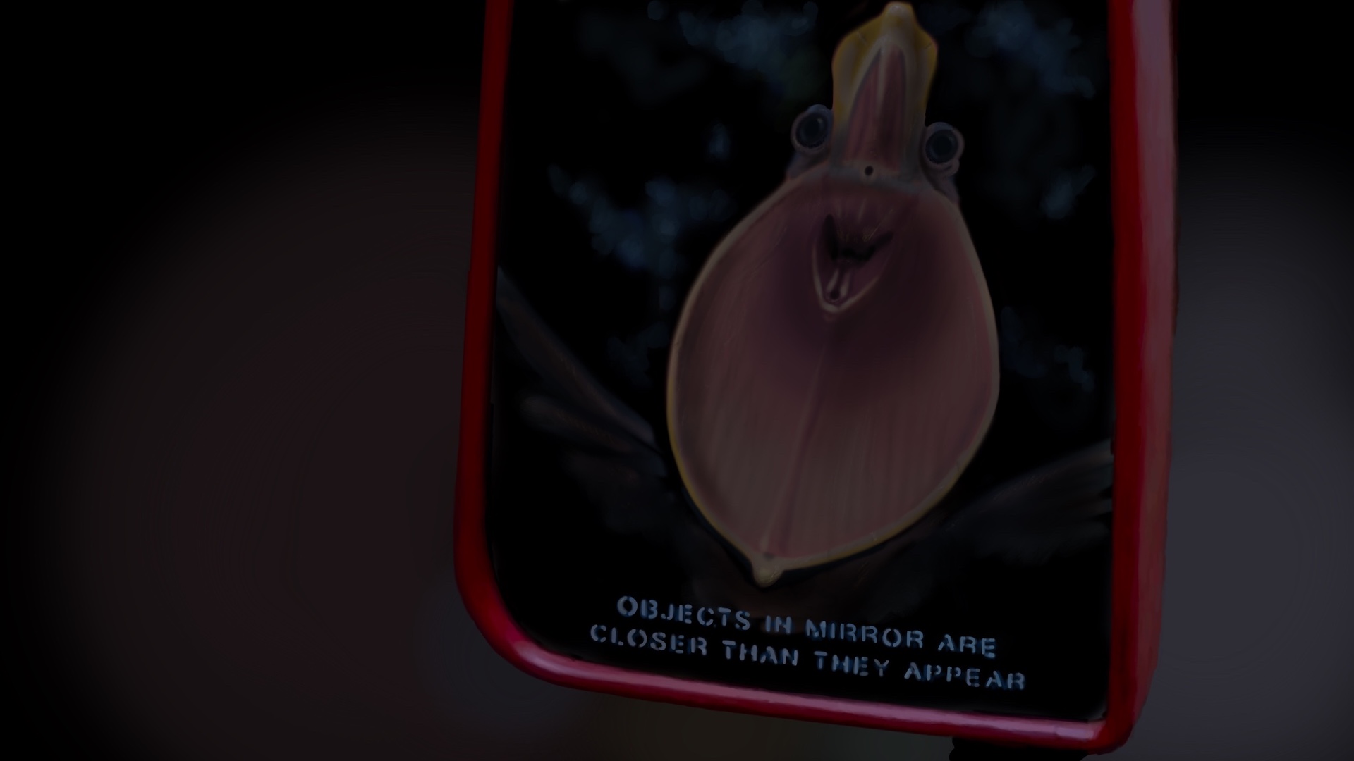Digitally painted reproduction of of a frame from Jurassic Park, but instead of a T-rex being shown in the rear view mirror, it's the gaping maw of a giant pelian.'