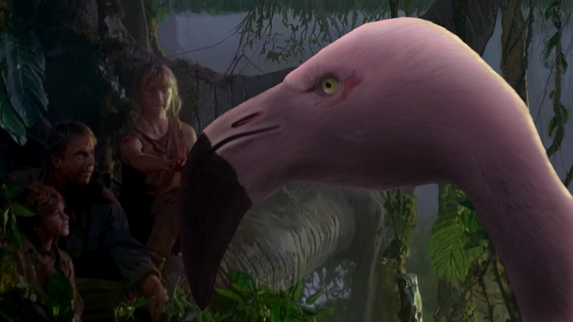 Digitally painted reproduction of of a frame from Jurassic Park, but instead of a brachiosaurus, it's a giant flamingo.'