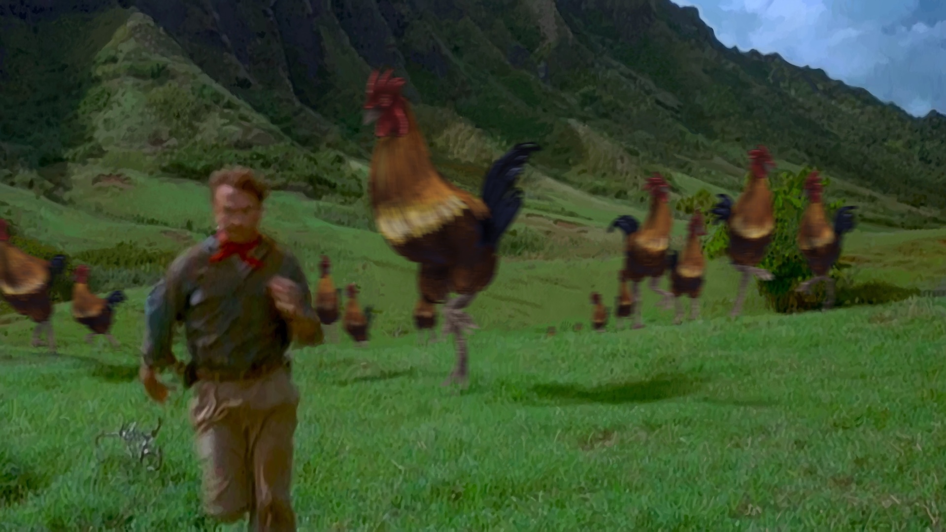 Digitally painted reproduction of of a frame from Jurassic Park, but with a flock of rampaging roosters instead of gallimimus.
