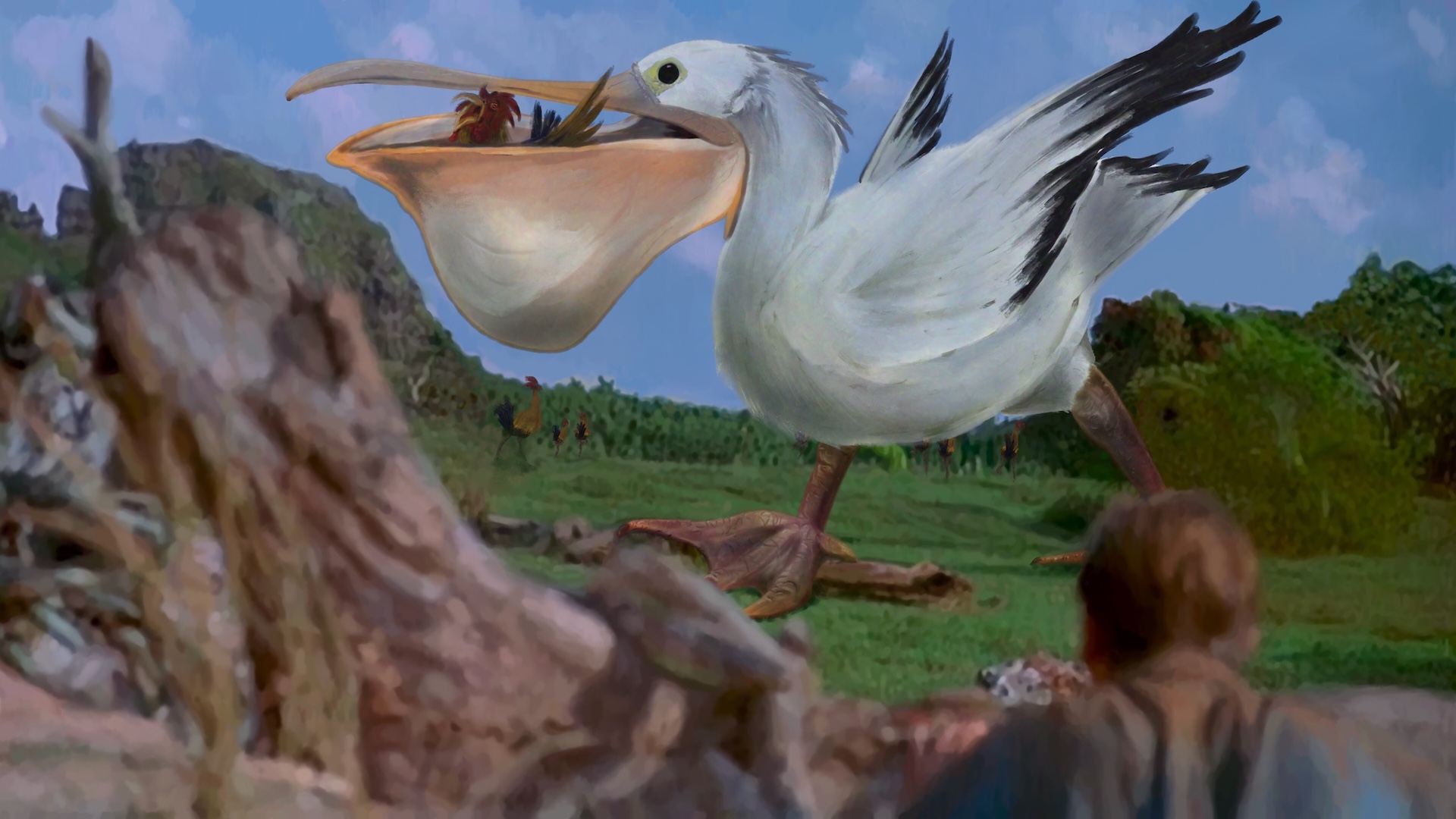 Digitally painted reproduction of of a frame from Jurassic Park, but instead of a T-rex eating a gallimimus, it's a giant pelican eating a rooster.'