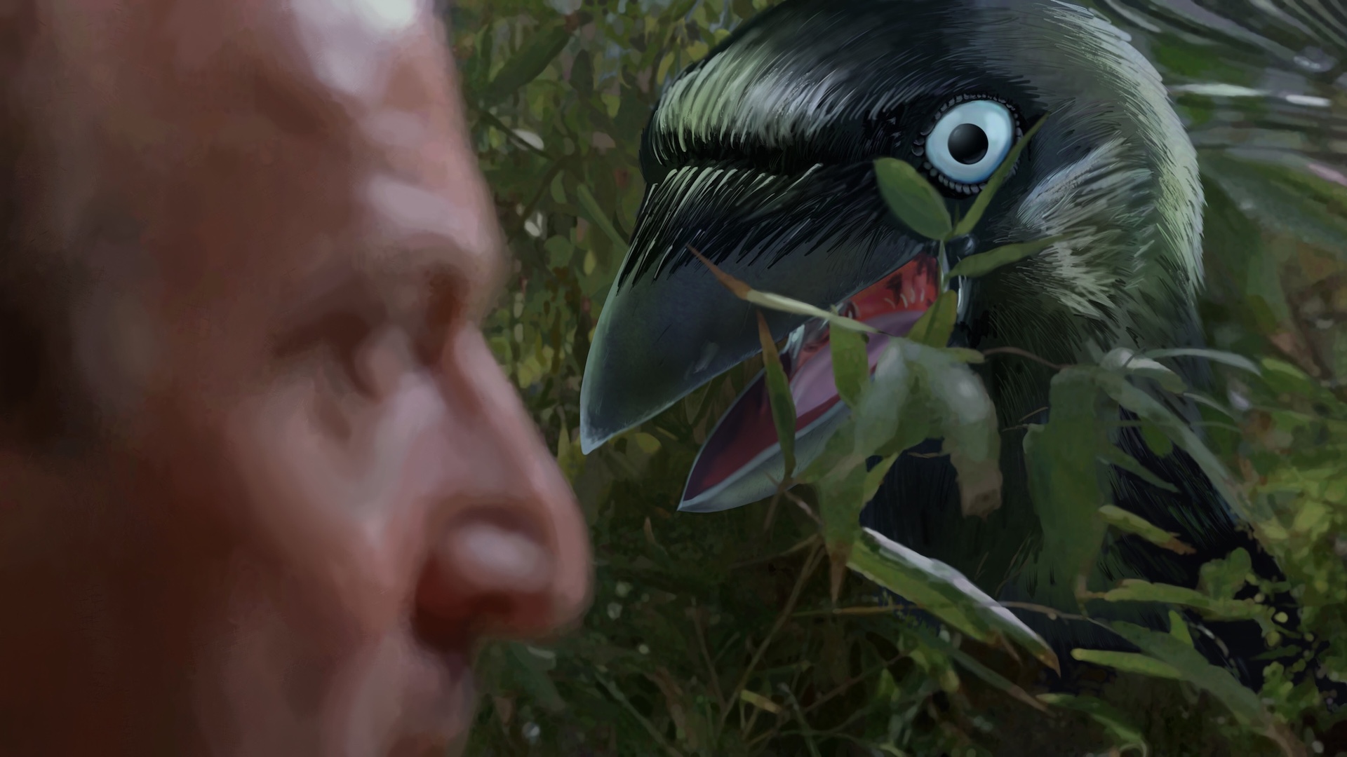 Digitally painted reproduction of of a frame from Jurassic Park, except instead of a velociraptor peeking out of the bushes, it's a giant jackdaw.'
