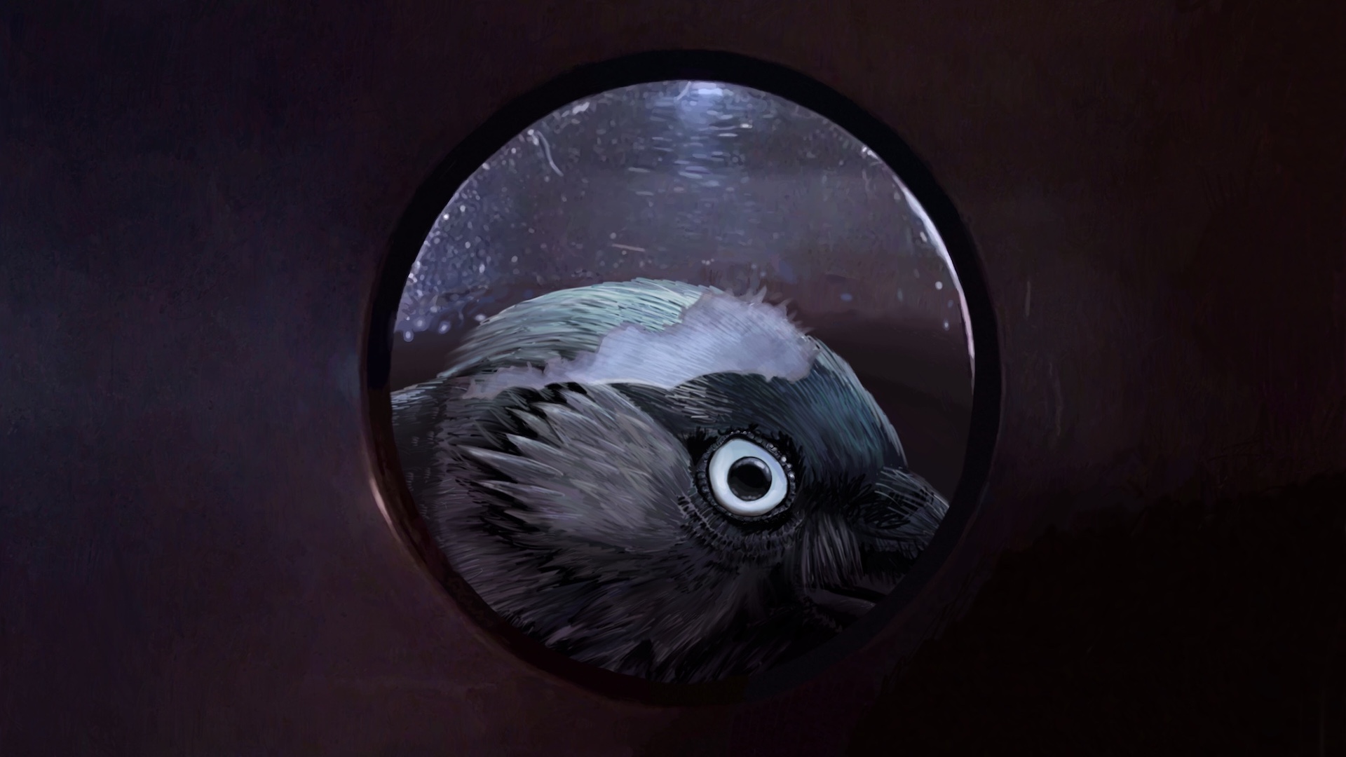 Digitally painted reproduction of of a frame from Jurassic Park, but instead of a velociraptor peeking through the kitchen window, it's  a giant jackdaw.