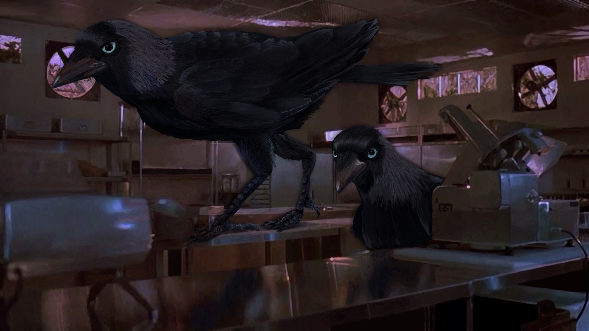 Digitally painted reproduction of of a frame from Jurassic Park, but instead of velociraptors in the kitchen, it's giant jackdaws.'