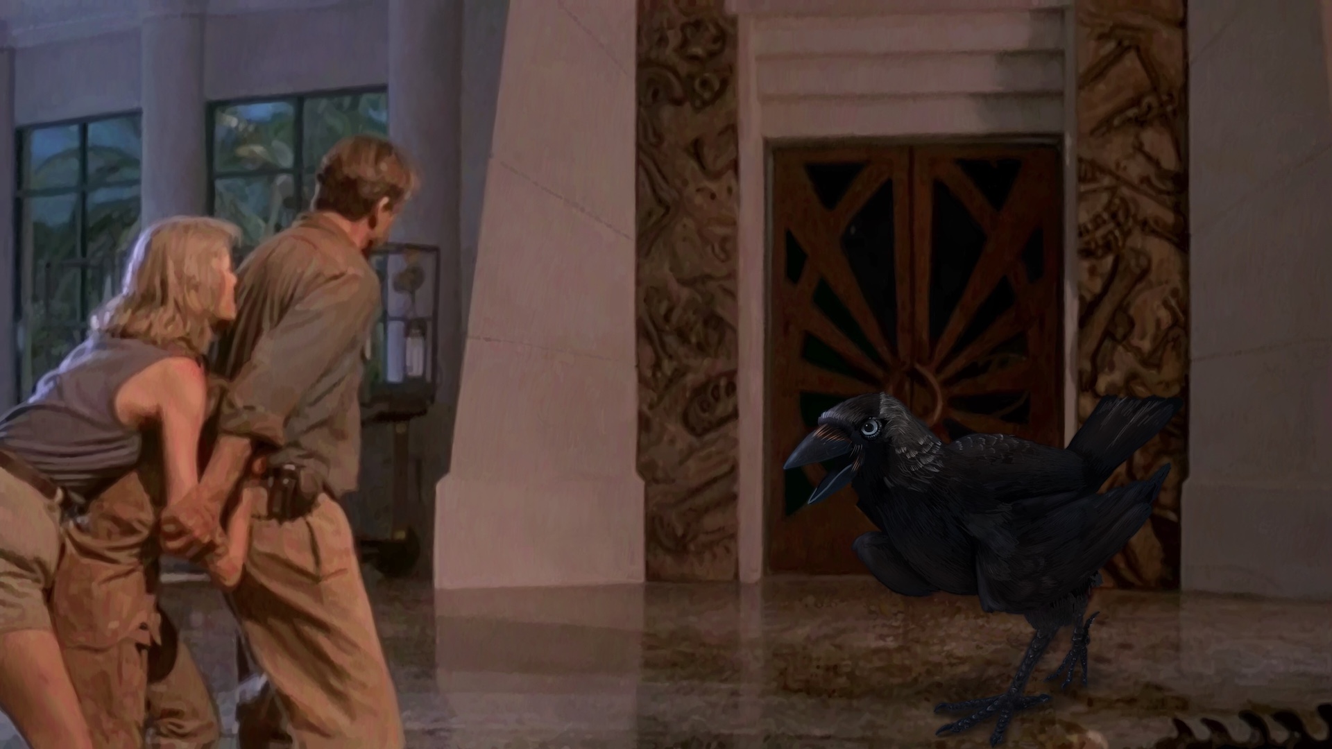 Digitally painted reproduction of of a frame from Jurassic Park, but instead of a velociraptor threatening the heroes in the visitor centre, it's a gaint jackdaw.'