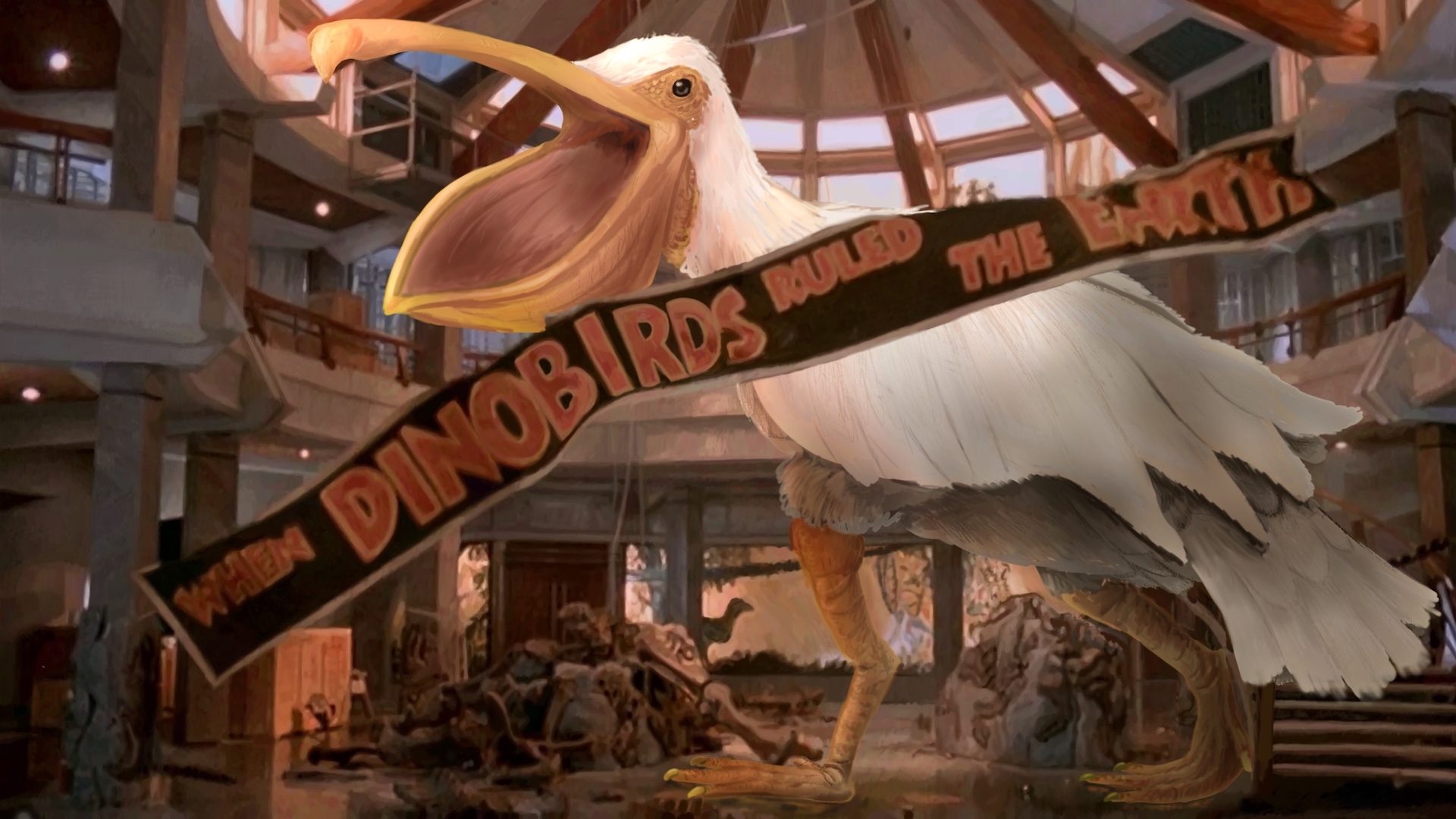 Digitally painted reproduction of of a frame from Jurassic Park, but instead of a T-Rex doing the T-Rex thing in the visitor centre, it's a giant pelican. The falling banner also says 'dinobirds' instead of dinosaurs.'