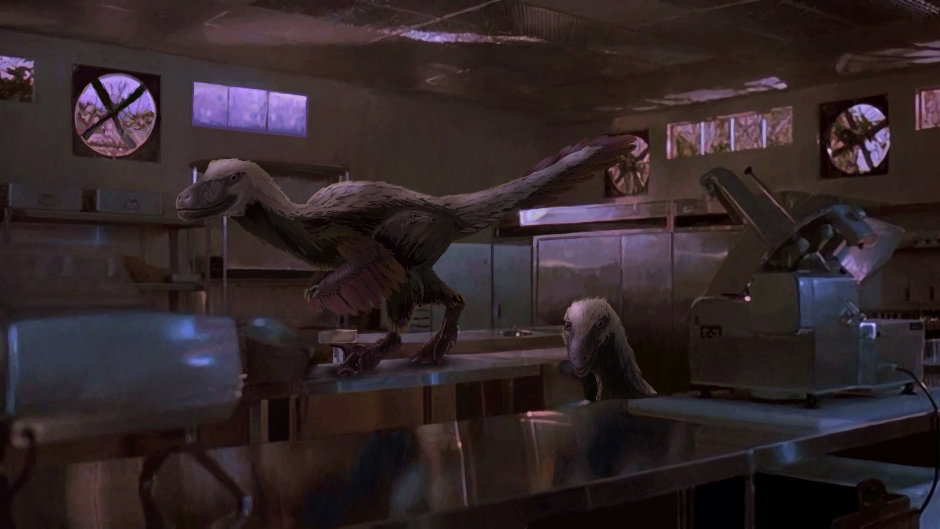 Digitally painted reproduction of of a frame from Jurassic Park, but instead of movie monster velociraptors in the kitchen, it's smaller, fully feathered ones.'