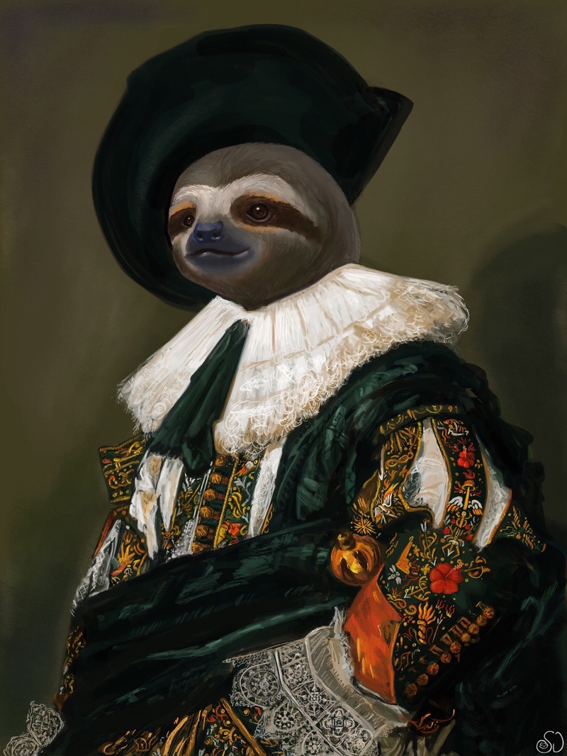 Digitally painted reproduction of the Laughing Cavalier by Frans Hals, except it's a sloth
