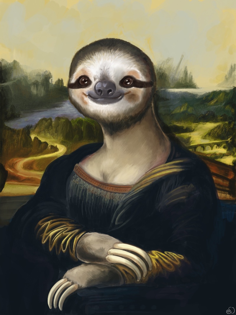 Digitally painted reproduction of Mona Lisa by Leonardo da Vinci, except it's a sloth.