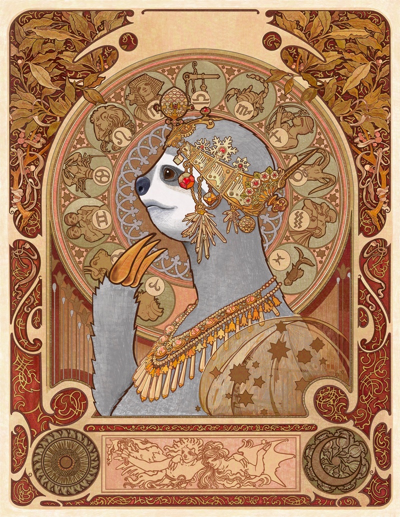 Digitally painted reproduction of Zodiac by Alphonse Mucha, except it's a sloth.