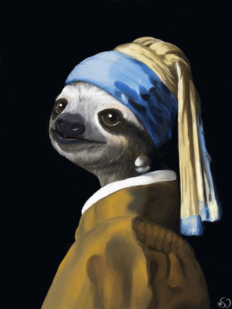 Digitally painted reproduction of A girl with a pearl earring by Johannes Vermeer, except it's a sloth.
