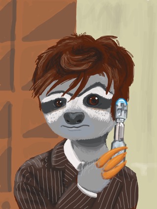 The Tenth Doctor as a sloth, holding the sonic screwdriver