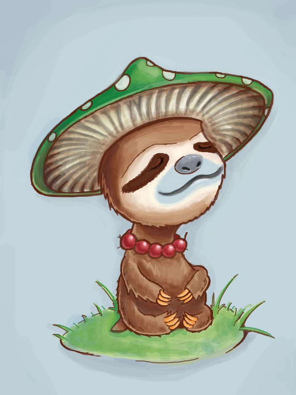 A chibi-style sloth contently sitting on a small patch of land in a pond, wearing a large toad stool for a hat.