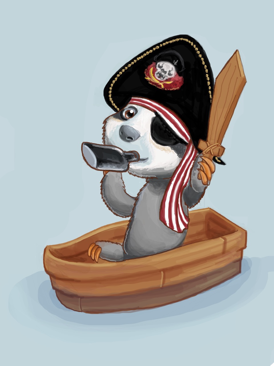 A chibi-style sloth sitting in a small boat, wearing an eyepatch and a pirate hat, and holding a wooden sword while sipping something from a metal flask.