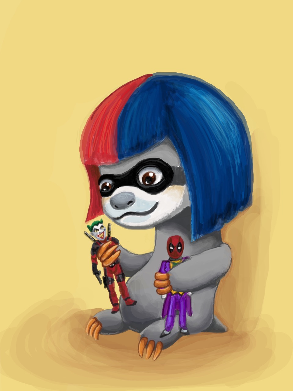 A chibi-style sloth, wearing a split in the middle red and blue wig and an opera mask, holding action figures of Deadpool and the Joker with their heads exchanged.