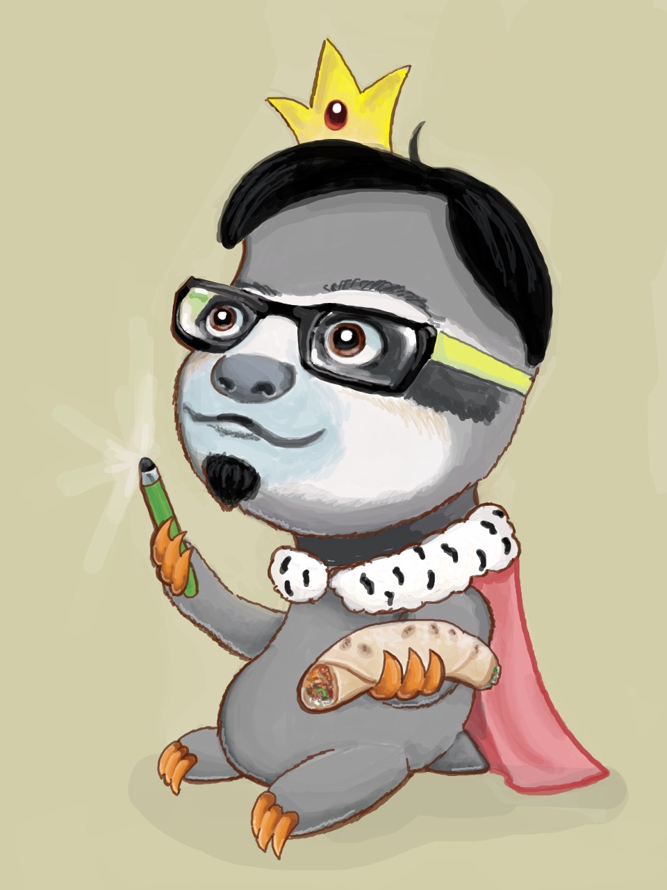 A chibi-style sloth wearing a crown, eyeglasses, and ermine cape, holding a stylus and a burrito.
