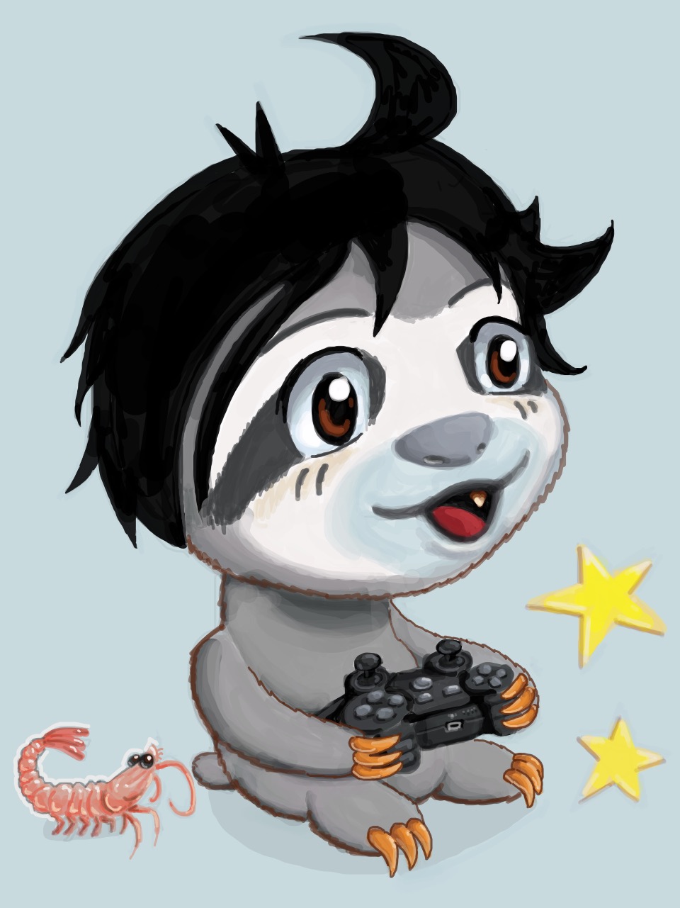 A chibi-style sloth with spiky black hair, excitedly playing video games.