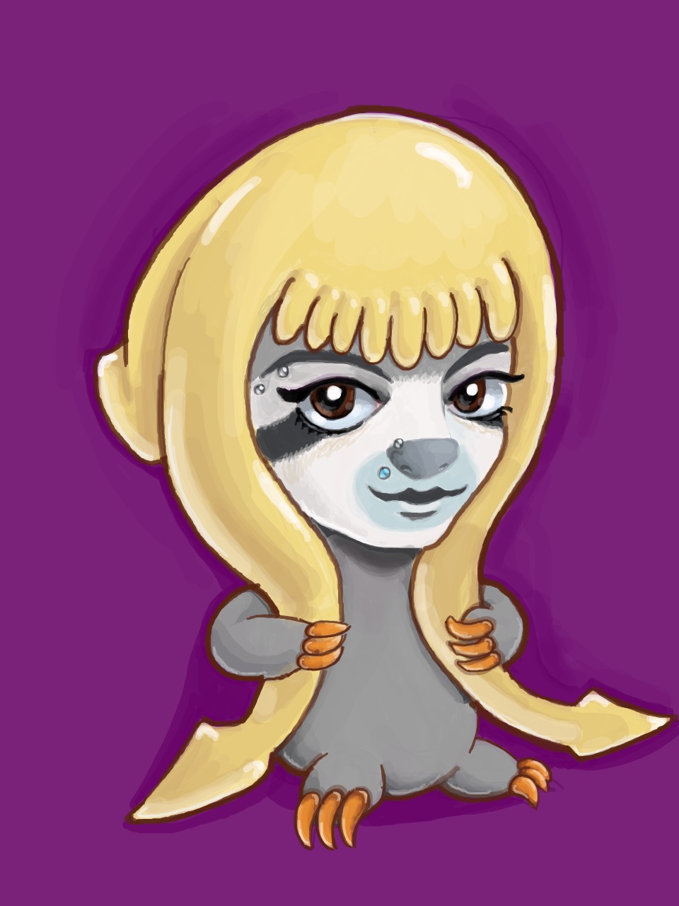 A chibi-style sloth with piercings, tentacles for hair, and a seductive look.