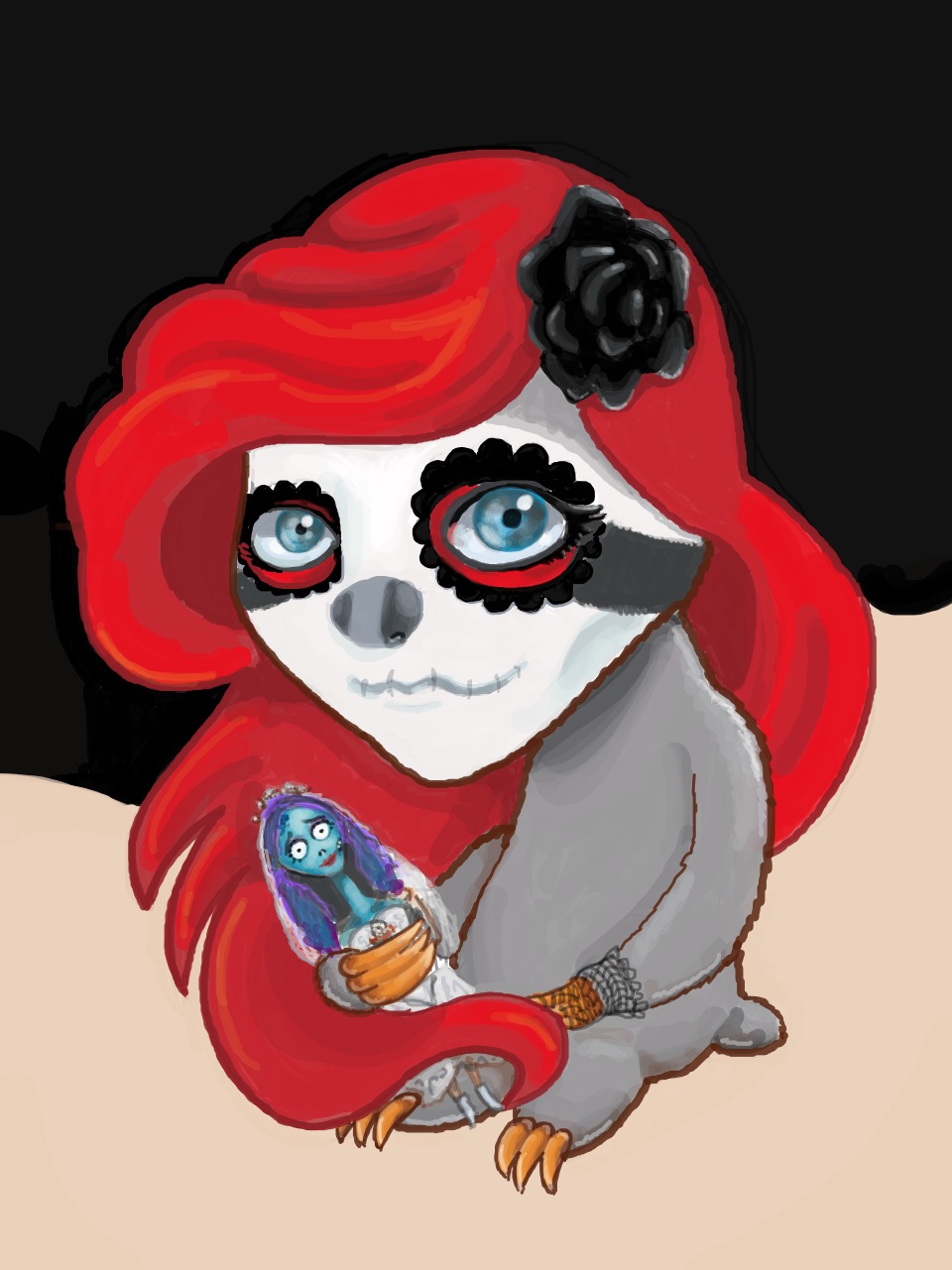 A chibi-style sloth with bright red hair and day of the dead make-up, holding an action figure of Emily from Corpse Bride.