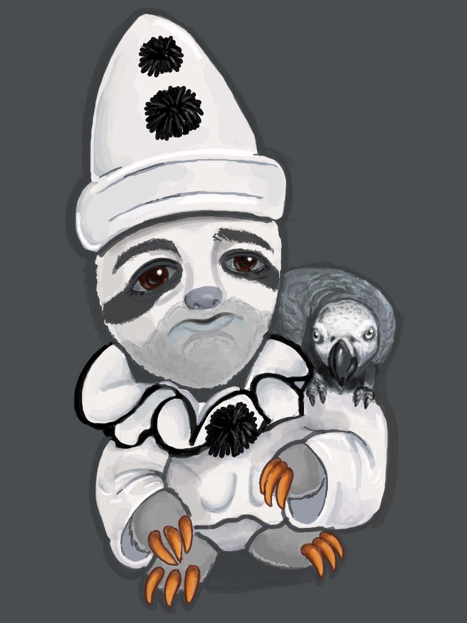 A sad sloth dressed up as a Pierrot clown, with an African grey parrot sitting on his shoulder.