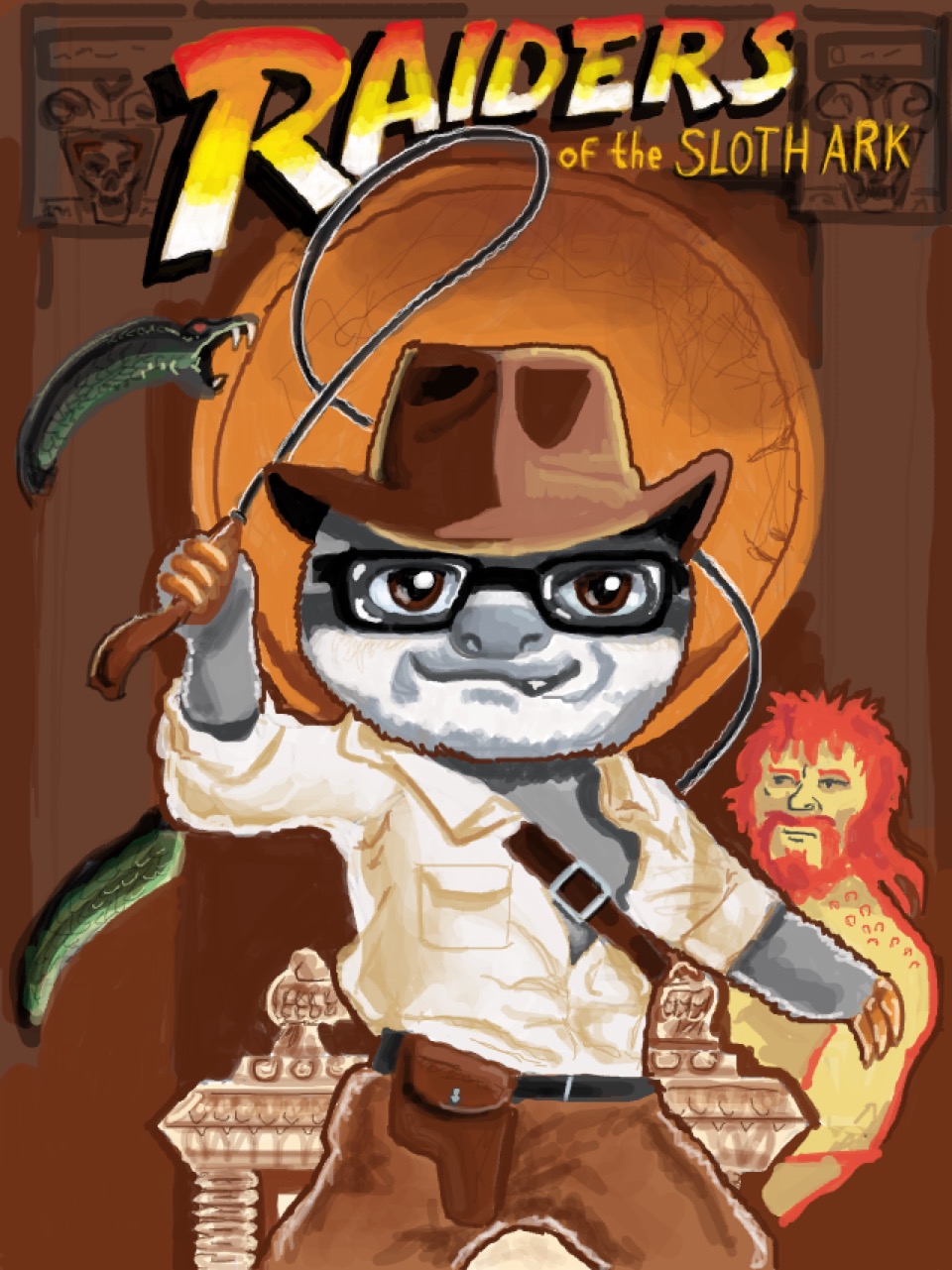 Parody of the Raiders of the Lost Ark poster, with Indy as a sloth wearing glasses, and the French Girls app mascot on the background.