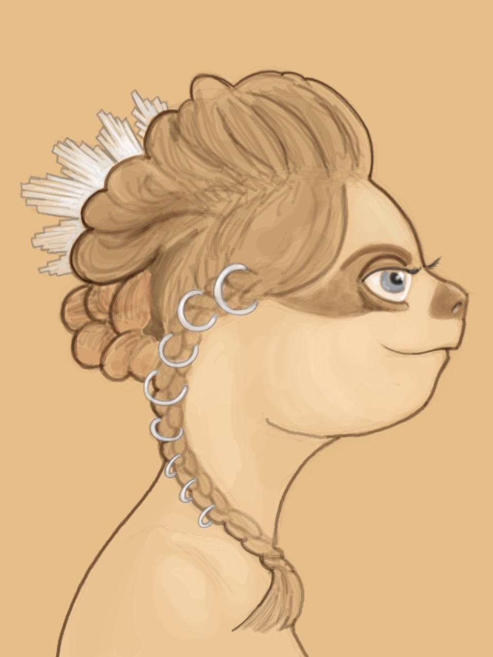 Profile portrait of a sloth with an elegant hairdo, in sepia tones