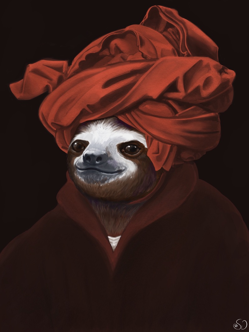Digitally painted reproduction of Portrait of a Man by Jan van Eyck, except it's a sloth